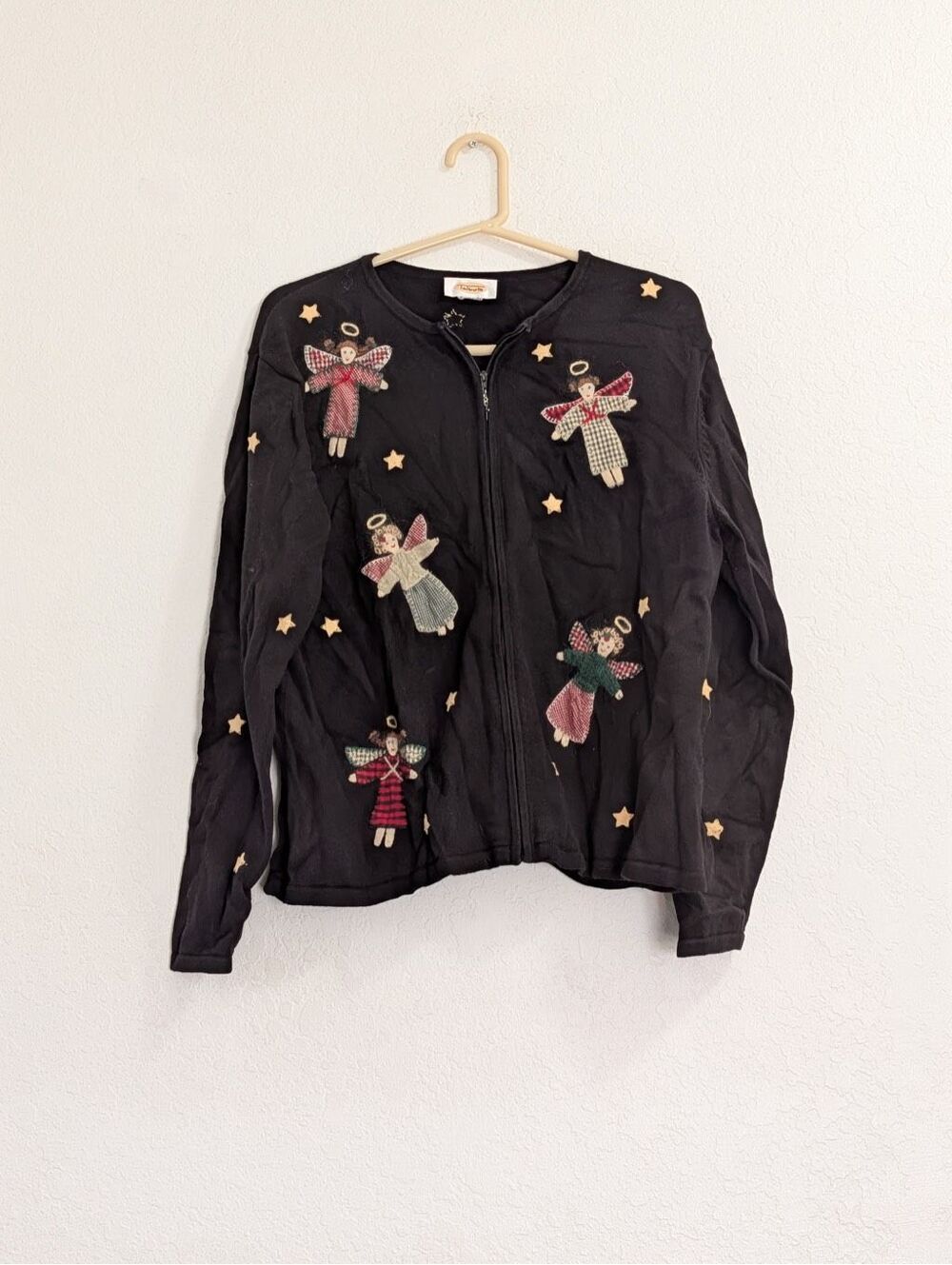 Vtg 90s Granny Christmas Sweater Cardigan Zip Angel Doll Star Grandma Teacher XL